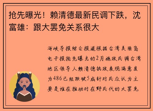 抢先曝光！赖清德最新民调下跌，沈富雄：跟大罢免关系很大