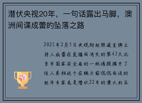 潜伏央视20年，一句话露出马脚，澳洲间谍成蕾的坠落之路