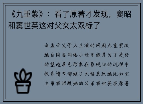 《九重紫》：看了原著才发现，窦昭和窦世英这对父女太双标了