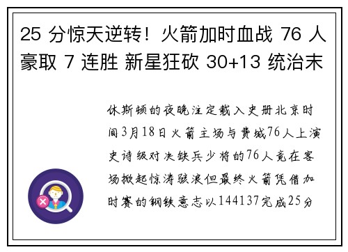 25 分惊天逆转！火箭加时血战 76 人豪取 7 连胜 新星狂砍 30+13 统治末节