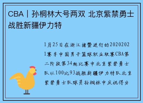 CBA｜孙桐林大号两双 北京紫禁勇士战胜新疆伊力特