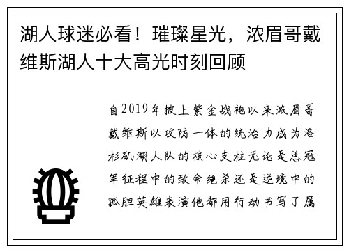 湖人球迷必看！璀璨星光，浓眉哥戴维斯湖人十大高光时刻回顾