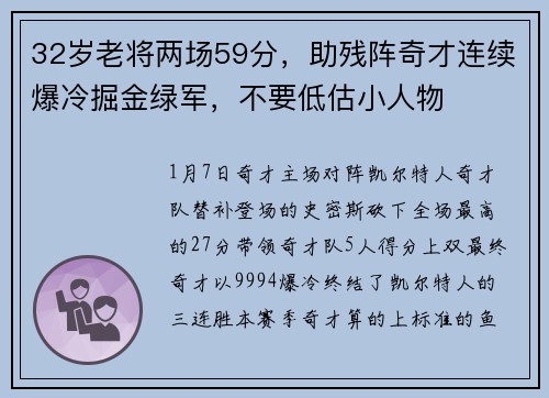 32岁老将两场59分，助残阵奇才连续爆冷掘金绿军，不要低估小人物